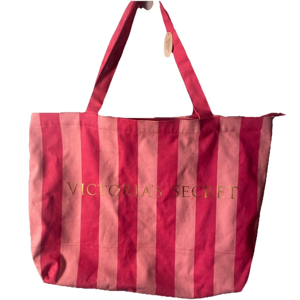 Victoria's Secret XL Weekend Tote Bag Pink Striped Canvas Zip Top 25x17"